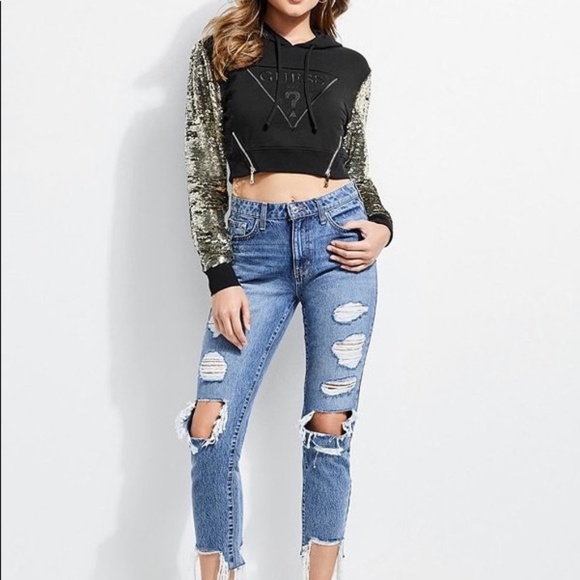 New GUESS Jennifer Sequin Cropped Hoodie SZ S - Picture 4 of 6